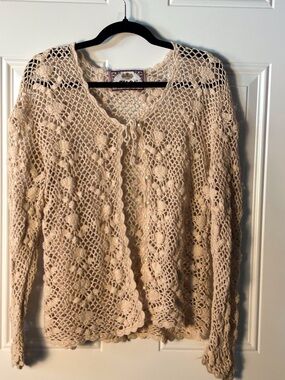 Vintage Tiara Openwork Crochet Cardigan Tan Pearl Buttons Tie Closure  Feminine